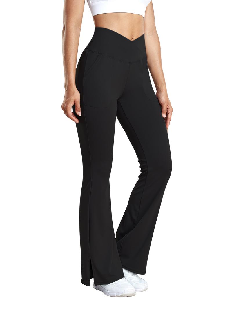 Women's Minimalist Basic Cross Wrap High Waist Pocket Flare Leg Leggings, Pants for Women, Going Out Bottoms, Casual Comfy V-cut Waist Skinny Bell Bottom Pants, Flared Leggings, Work Pants Women, Tummy Control Legging