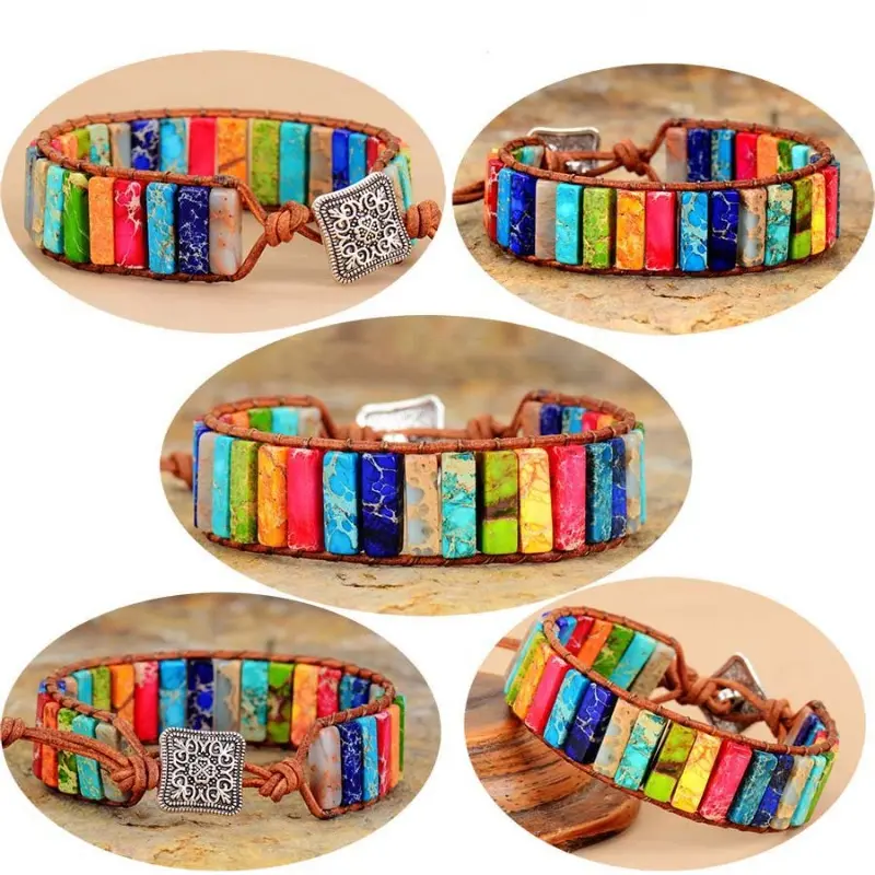 Bohemian 7 Chakra Bracelet with Natural Imperial Jasper & Braided Leather, Adjustable Yoga Meditation Band for Women and Men, Adjustable Bands Bracelets & Bangles, Boho Braided Bracelets & Bangles