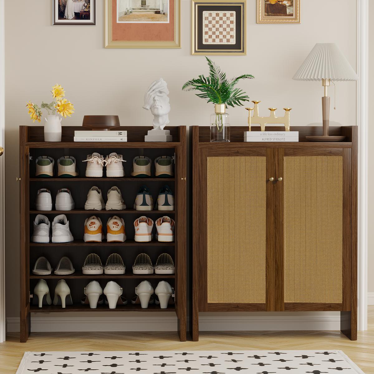 42.5" Tall Rattan Shoe Cabinet with Doors, 6-Tier Shoe Storage Cabinet with Adjustable Shelves, Wooden Freestanding Shoe Organizer Shoe Cabinet for Entryway,Hallway,Living Room (Walnut)
