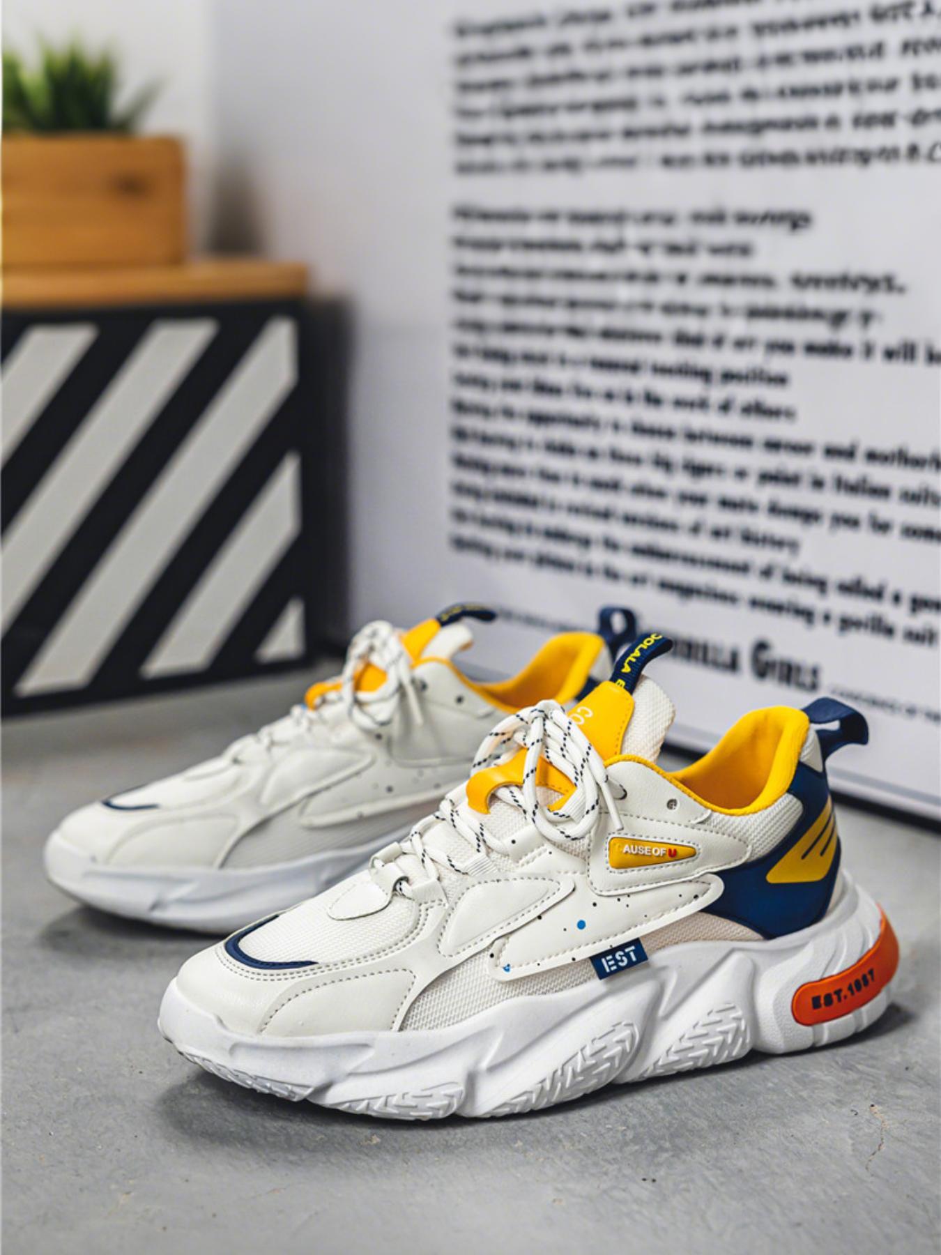 Men's Letter& Number Patched Design Lace Up Running Shoes, Casual Breathable Comfortable Sports Shoes, Male All-match Round Toe Chunky Sneakers for Daily Life, Athletic Running Shoes