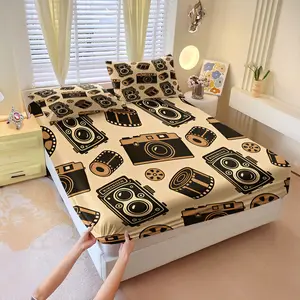 3Pcs Retro Fun Illustration Fitted Sheet Set, Stretchy Non-slip Full Cover, Wrinkle-resistant, For Busy Workers (No Filler, No Pillowcases)