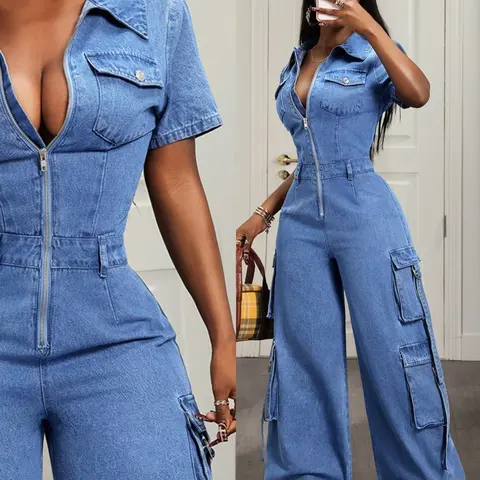 Women's Summer Denim Jumpsuit, Casual Short Sleeve Front Zipper Multi-Pocket Wide Leg Jeans, Waist Cinch Slim Fit, Jumpsuits with Pockets