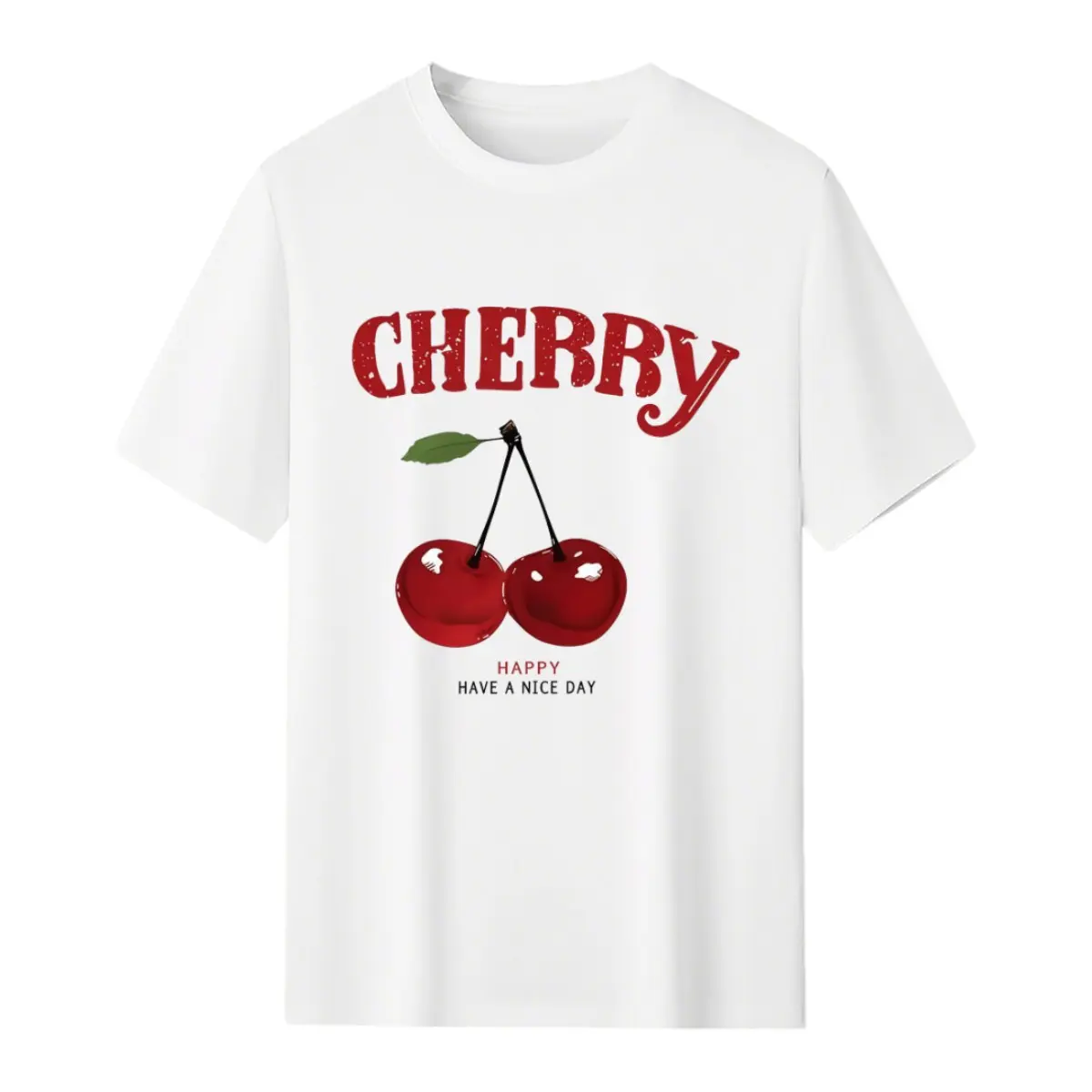 Cherry Pattern And Letter Printed T-Shirt, Round Neck Short Sleeve Casual Top,cotton graphic tees summer white tee