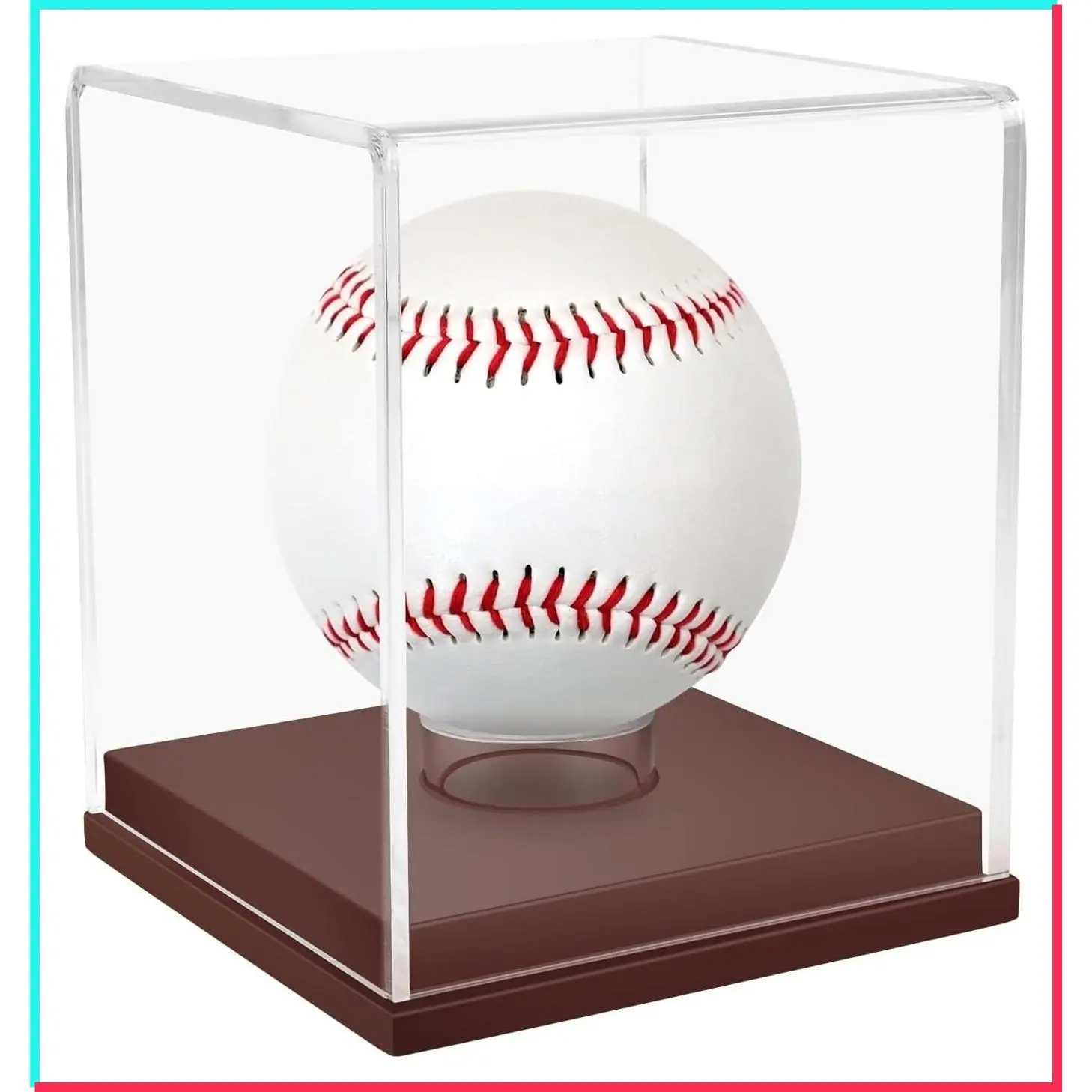 UV Protected Clear Acrylic Cube Display Case for Baseball, Golf Ball, Autograph Stand and Memorabilia Showcase Box with Brown Wooden Base