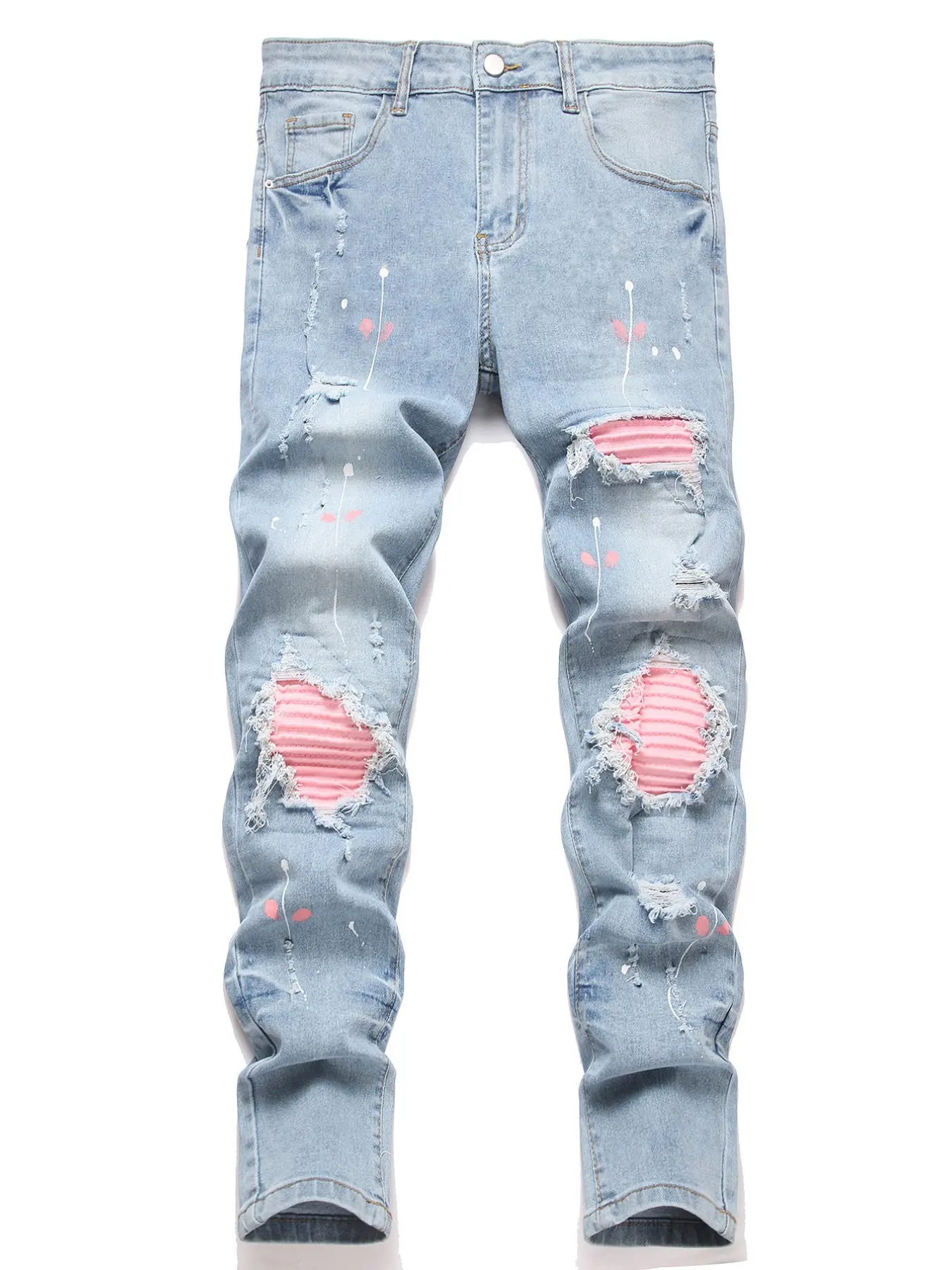 Men's Solid Color Ripped Jeans, Fashion Casual Comfy Slim-fitting Denim Pants for Daily Wear, Men's Bottoms for All Seasons, Jeans Distressed