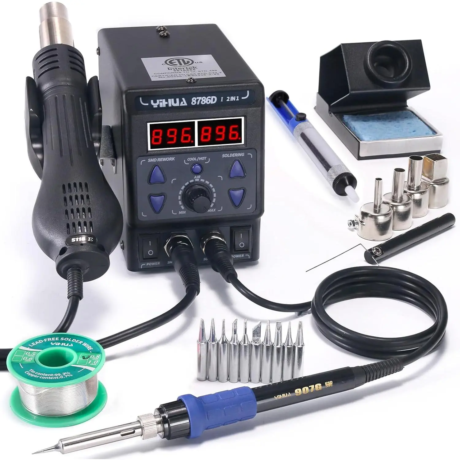 8786D I 2 in 1 Hot Air Rework and Soldering Iron Station with 10 Solder Iron Tips, 4 Hot Air Nozzles,°F /°C, Cool/Hot Air Conversion and Sleep Function