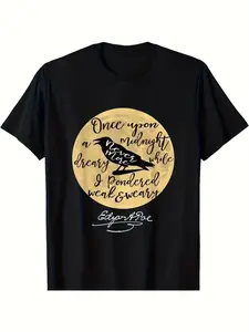 Edgar Allan Poe Style T-Shirt, Round Neck, Short Sleeve, Medium Stretch, Geometric Pattern, Knit Fabric, Digital Print, All Seasons, Casual Wear