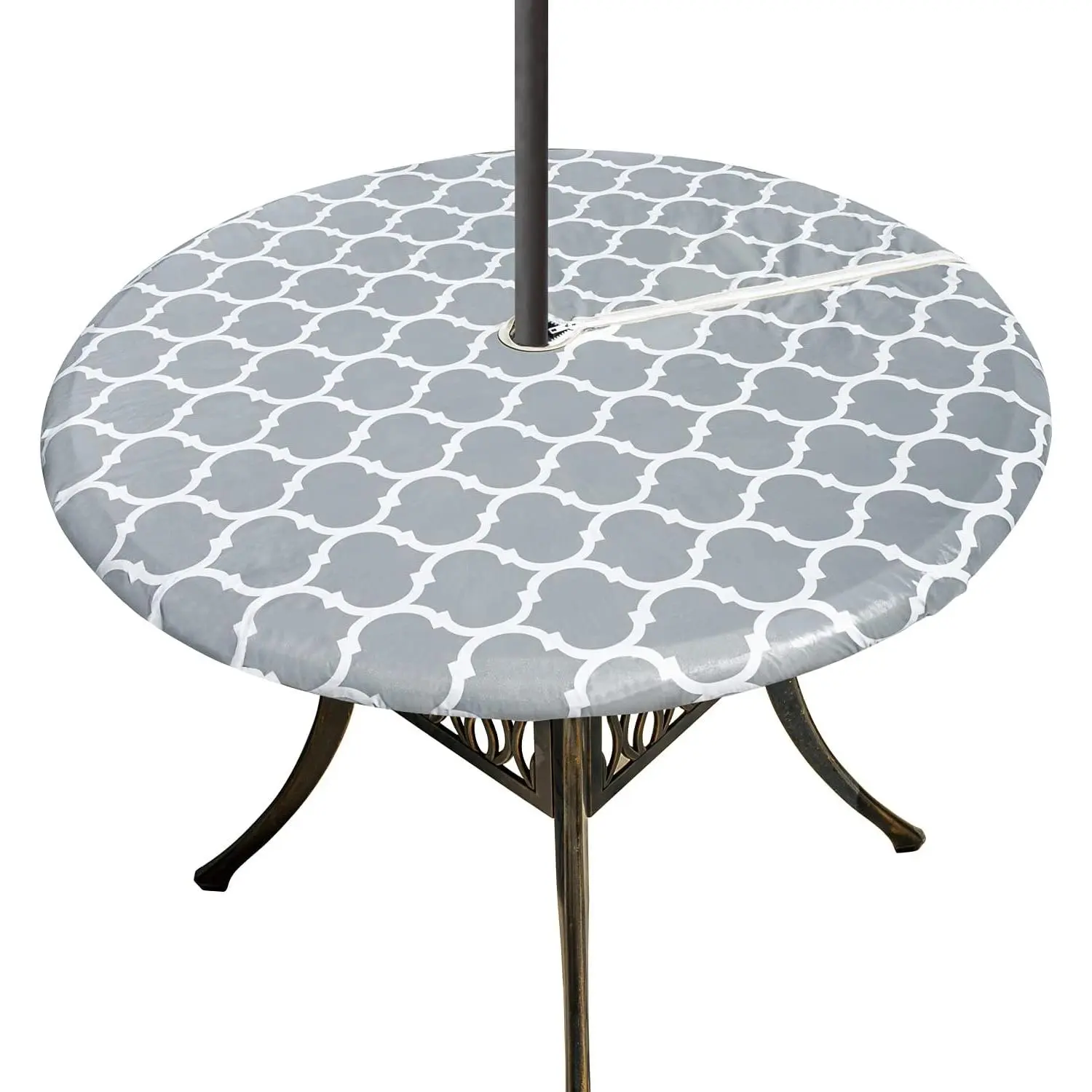 Round Outdoor Tablecloth with Umbrella Hole, Vinyl Patio Table Cover with Zipper   Wipe Clean PVC for Party Picnic, 40" - 44", Grey Moroccan