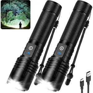 Rechargeable LED Flashlight, 100,000 High Lumens Super Bright Tactical Flashlight, 5 Modes Adjustable Focus, Waterproof Powerful Handheld Flash Light for Camping Home Emergency (2 Pack)