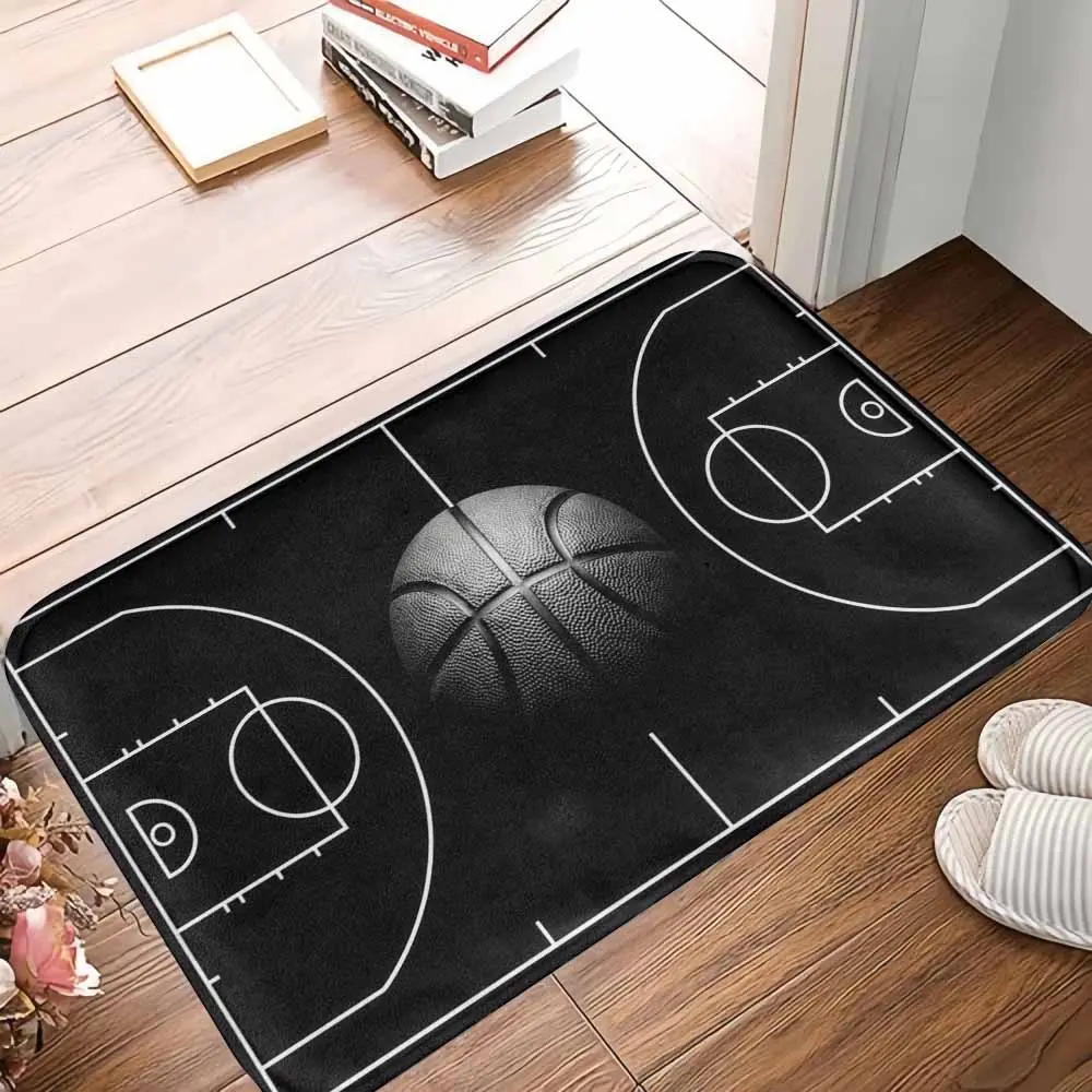 1-Piece Basketball Court Print Floor Mat, Black and White Sports Design with Anti-Slip Grip Soft Surface, Durable Edge Stitching, Ideal for Entryway Bath & Home Areas, Gift for Sports Fans, Cool Rugs, Multi-Size