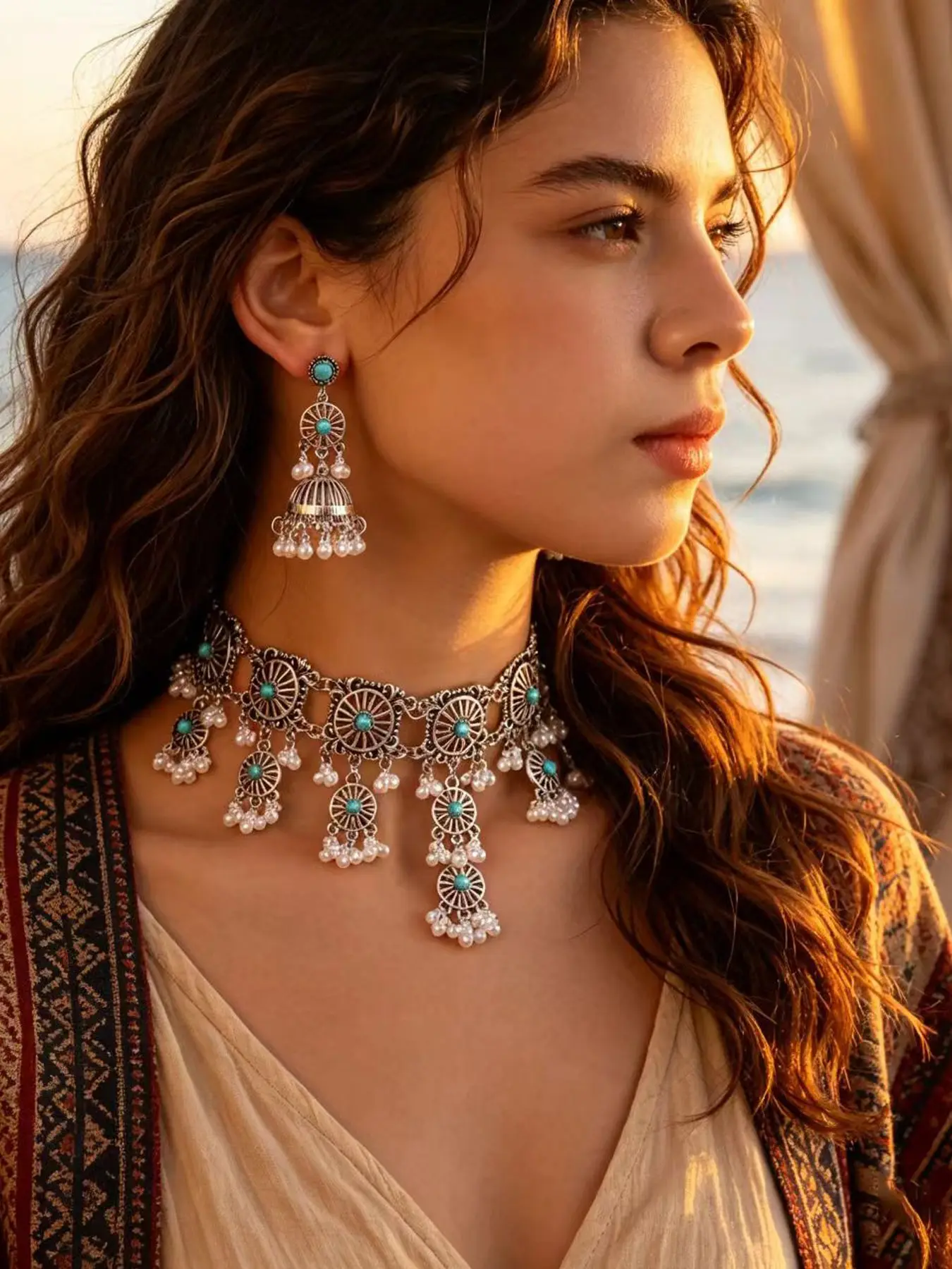 Boho Ethnic Vintage Earrings Necklace Set, Bohemian Resort Travel Photo Sari Jewelry, Party Accessories