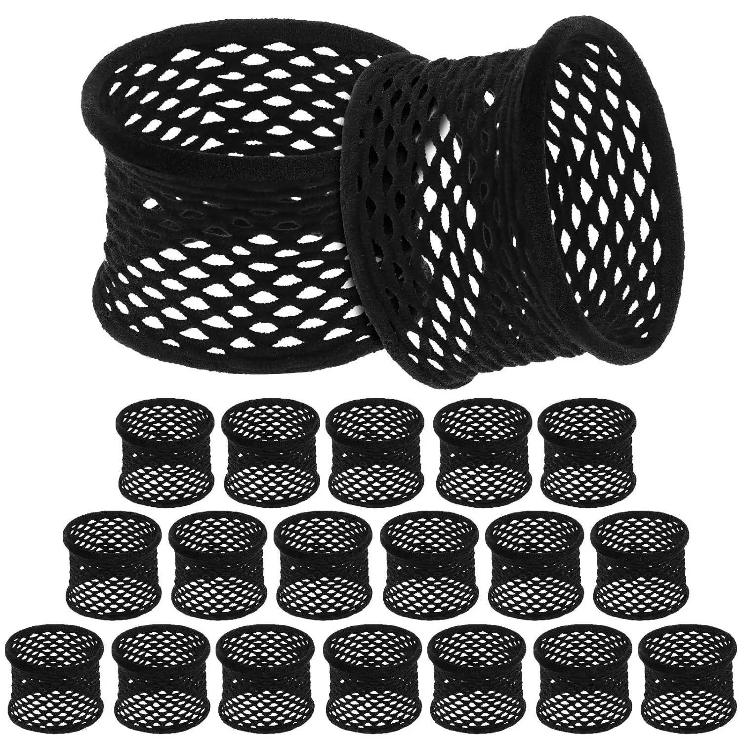 Women's 20-Piece Large Cotton Hair Ties - Thick Hollow Stretch Ponytail Netted Sport Elastics Scrunchies for Thick Heavy Curly Hair (Black)