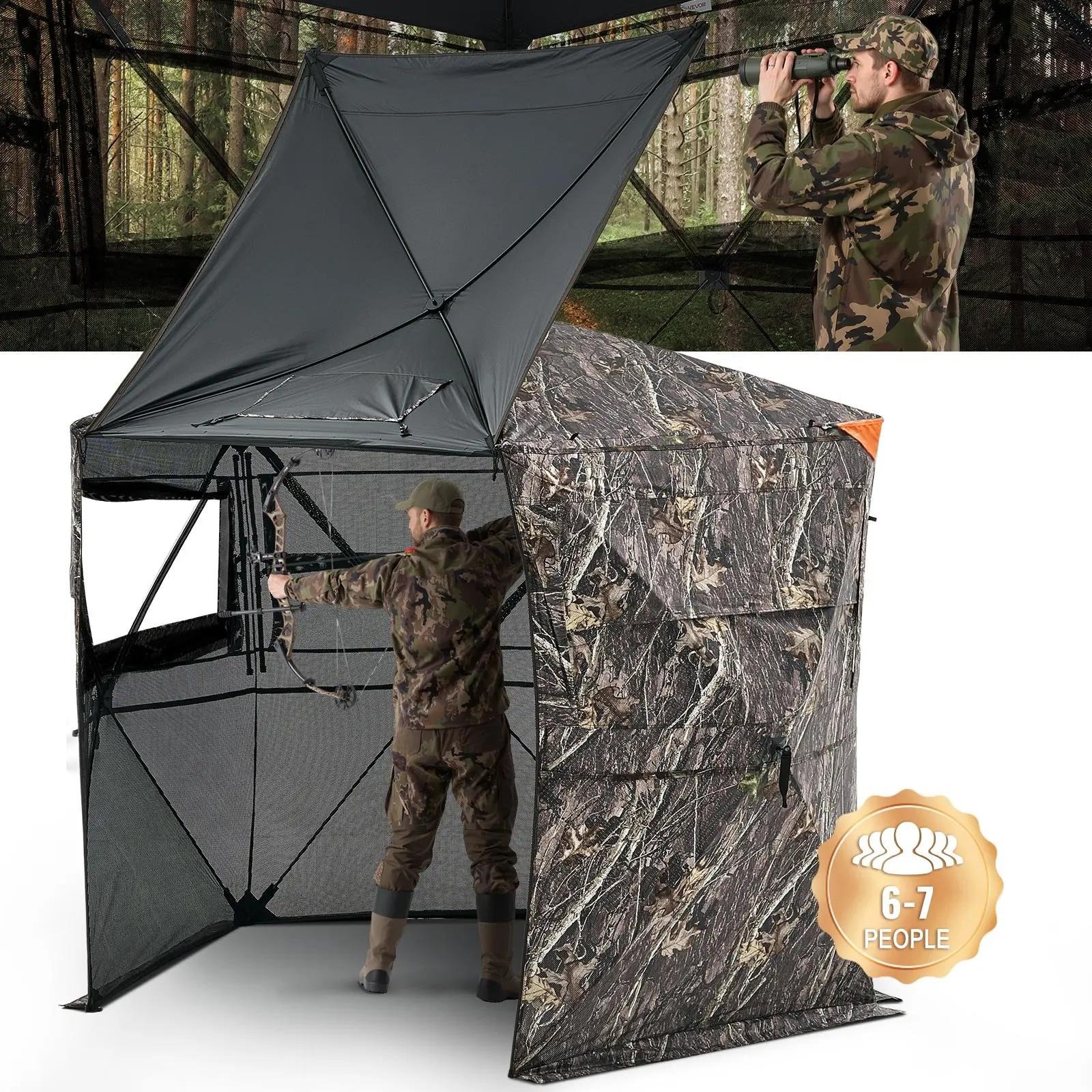 【Summerfinds】VEVOR Hunting Blind, 6-7 Person, 288 Degree 5 Side See-Through Ground Blinds with Carrying Bag, Portable Camouflage Tent, Durable Concealed Shelter with Silent Zipper Door and Window, for Turkey Deer