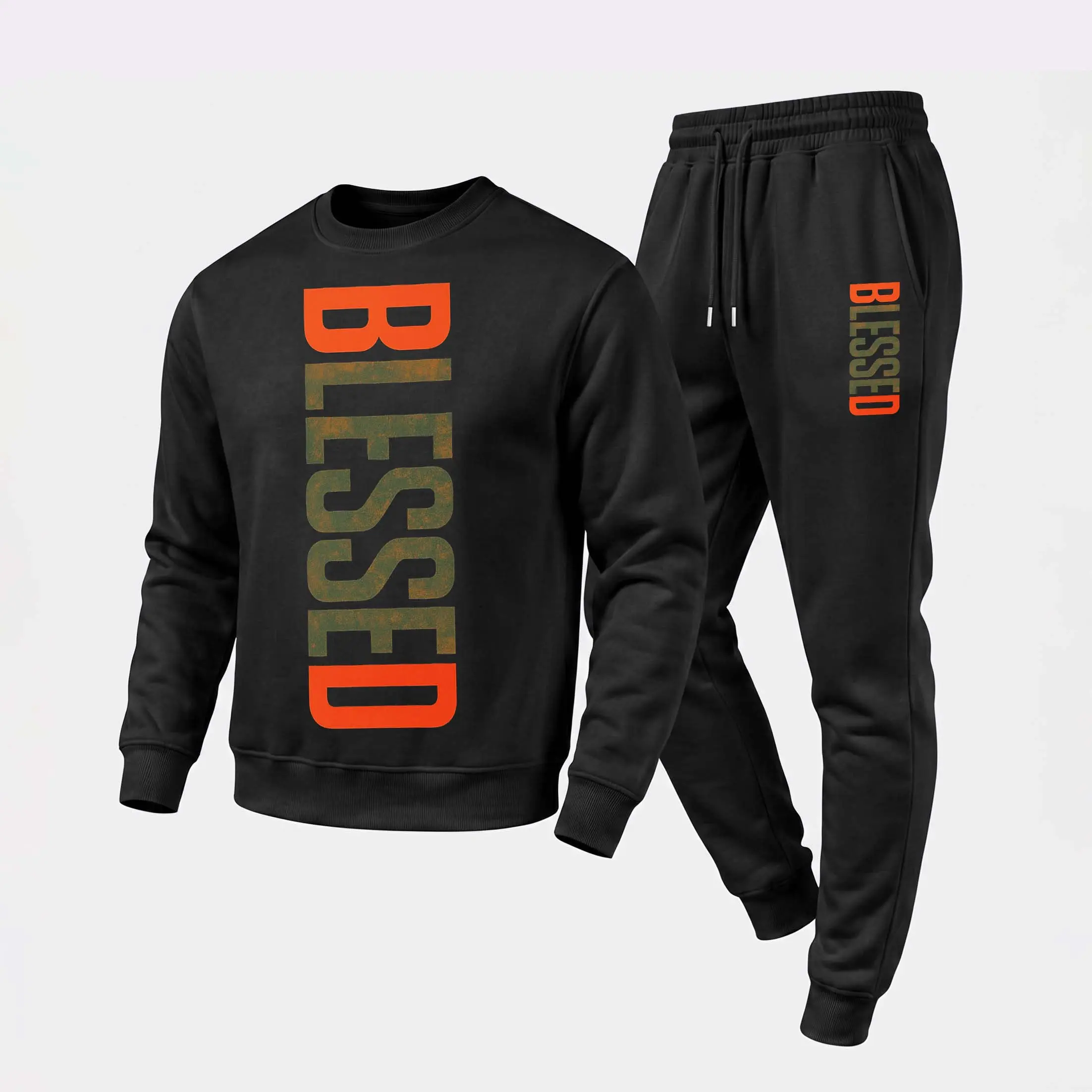Men's Minimalist Blessed Graphic 2-Piece Polyester Menswear Tracksuit - Crewneck Sweatshirt, Drawstring Jogger Pants, Casual Long-Sleeve Pullover for Day Wear, Fall Winter Activities, Fabrics, Loose, Breathable, Longsleeves, Round Neck