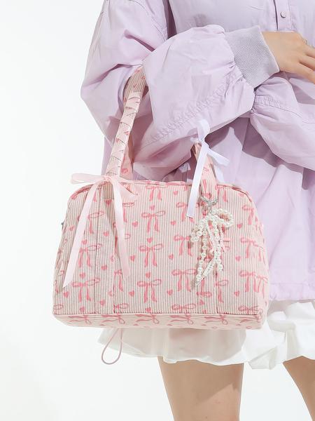 Valentine's Day gift, niche design sweet pink velvet shoulder bag, corduroy butterfly bow with pearl pendant armpit bag, Fashionable shopping purse, cute, multi-functional, suitable for students commuting, shopping, etc.