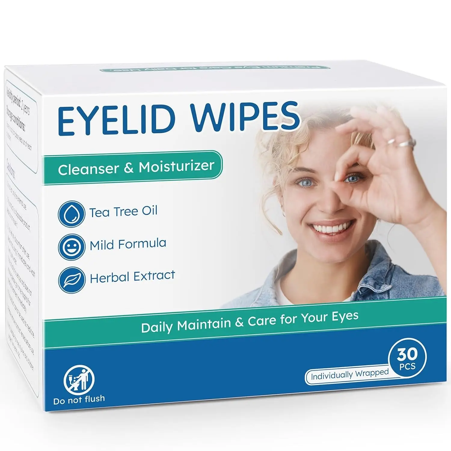 Eyelid Cleansing Wipes for Dry Eye & Blepharitis, Tea Tree Oil Hypoallergenic Eye Wipes for Sensitive Itchy Eyes, Individually Wrapped Eyelid Wipes Travel Essentials (30 Count)Gift.