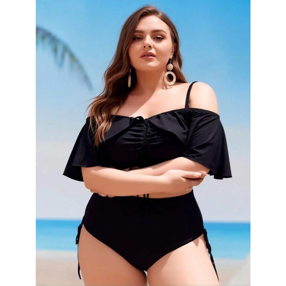 2026 New Plus Size Black Off-Shoulder Bikini, High Waist Drawstring Tummy Control Two-Piece Swimsuit