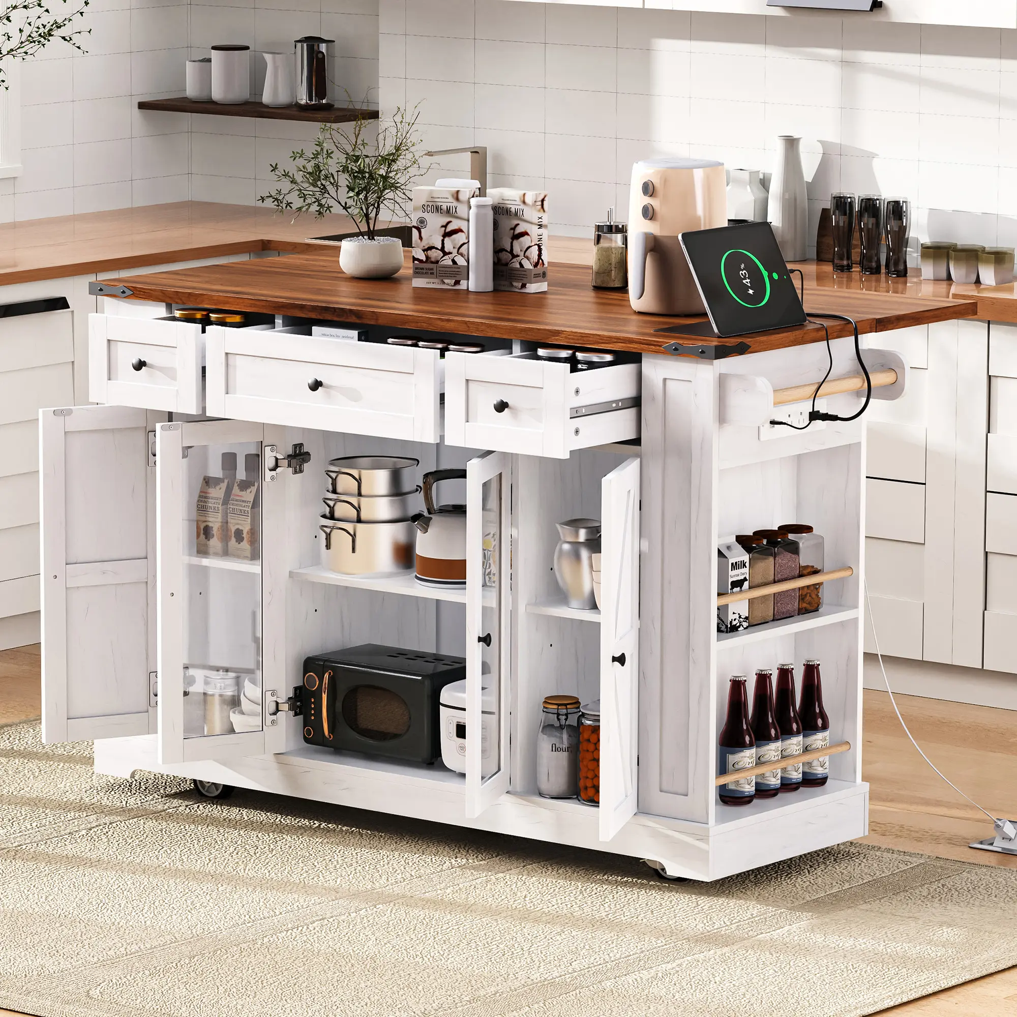 ARCH Farmhouse Kitchen Island with Power Outlet, Rolling Cart on Wheels, Drop Leaf, 3 Drawers, 2 Tempered Glass Doors, 5 Open Racks, MDF White, 53x29.5x36in, for Kitchen Dining Room Storage, White Color Options, MDF Material, Classic/Farmhouse/Luxury