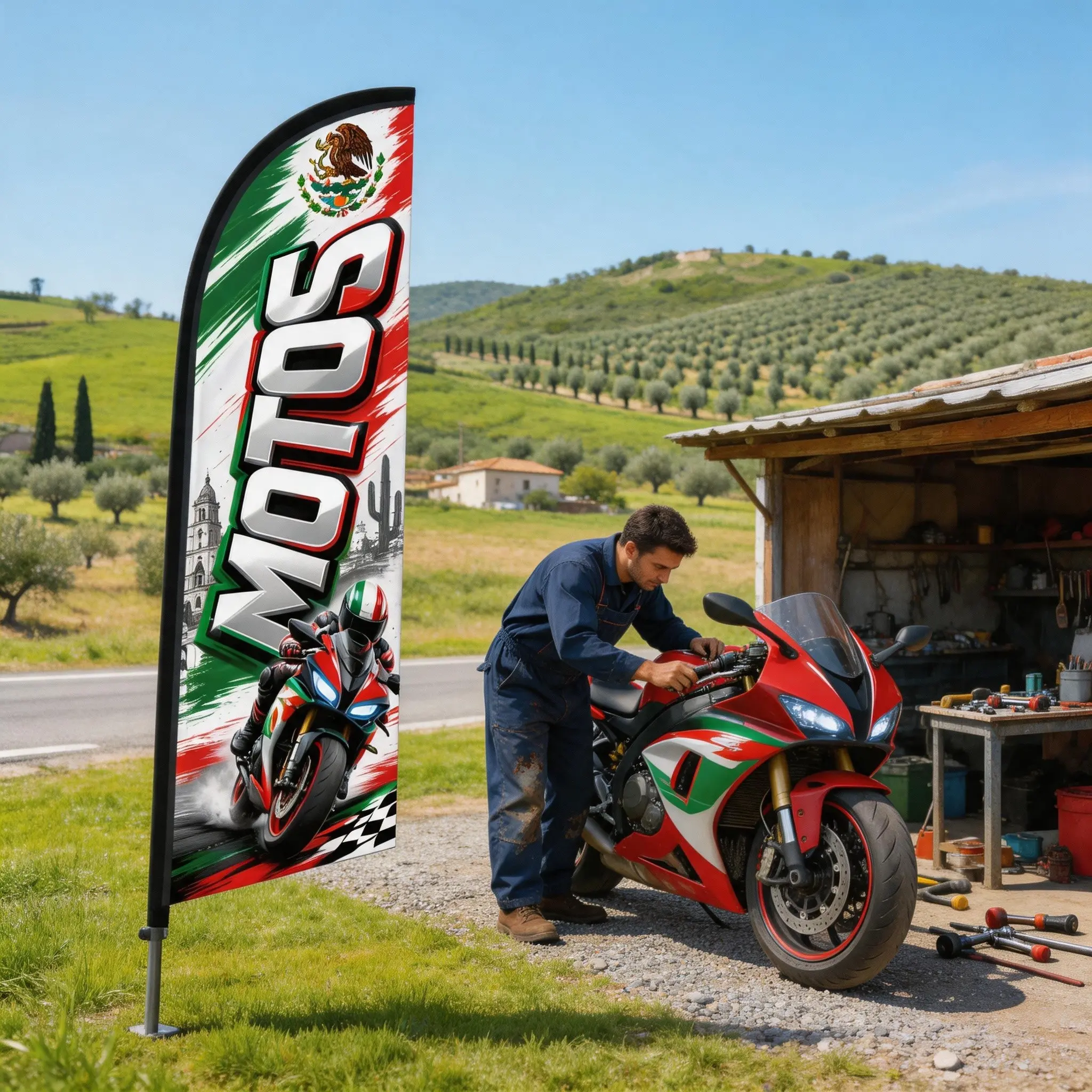 Motorcycle Feather Flag 8.5 Feet Tall, Polyester Waterproof Sunscreen Flag, Wind-Resistant Durable Single-Sided Print, Outdoor Promotion Tool