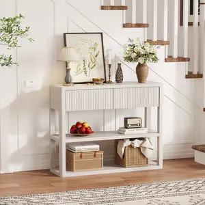 44" Fluted Entryway Table, Wooden Narrow Console Table with Storage Drawers and Three-Tier Open Shelves, Ideal for Living Room, Hallway, or Foyer
