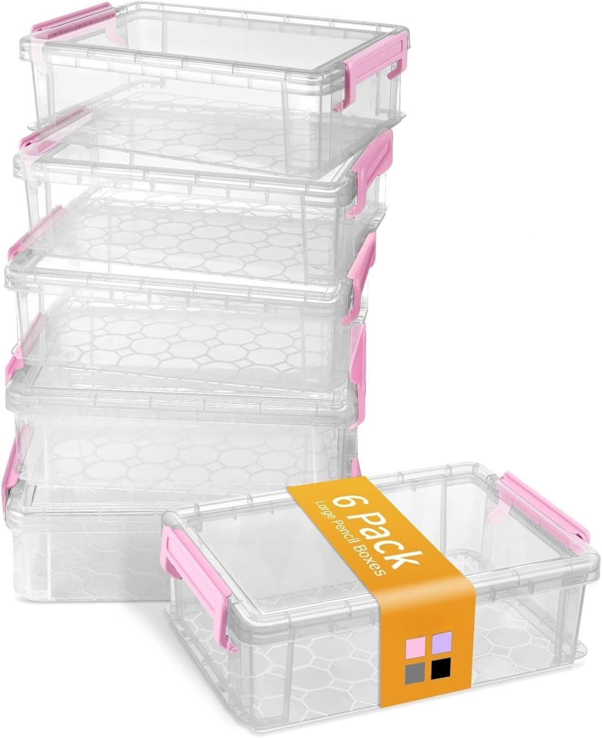 Z-PCB25  6 Pack Extra Large Pencil Box, Plastic Hard Pencil Case Crayon Box Bulk, Clear Marker Organizer Plastic Containers with Lid, Stackable Storage Boxes for Art Craft, Back to School Supplies, Multi