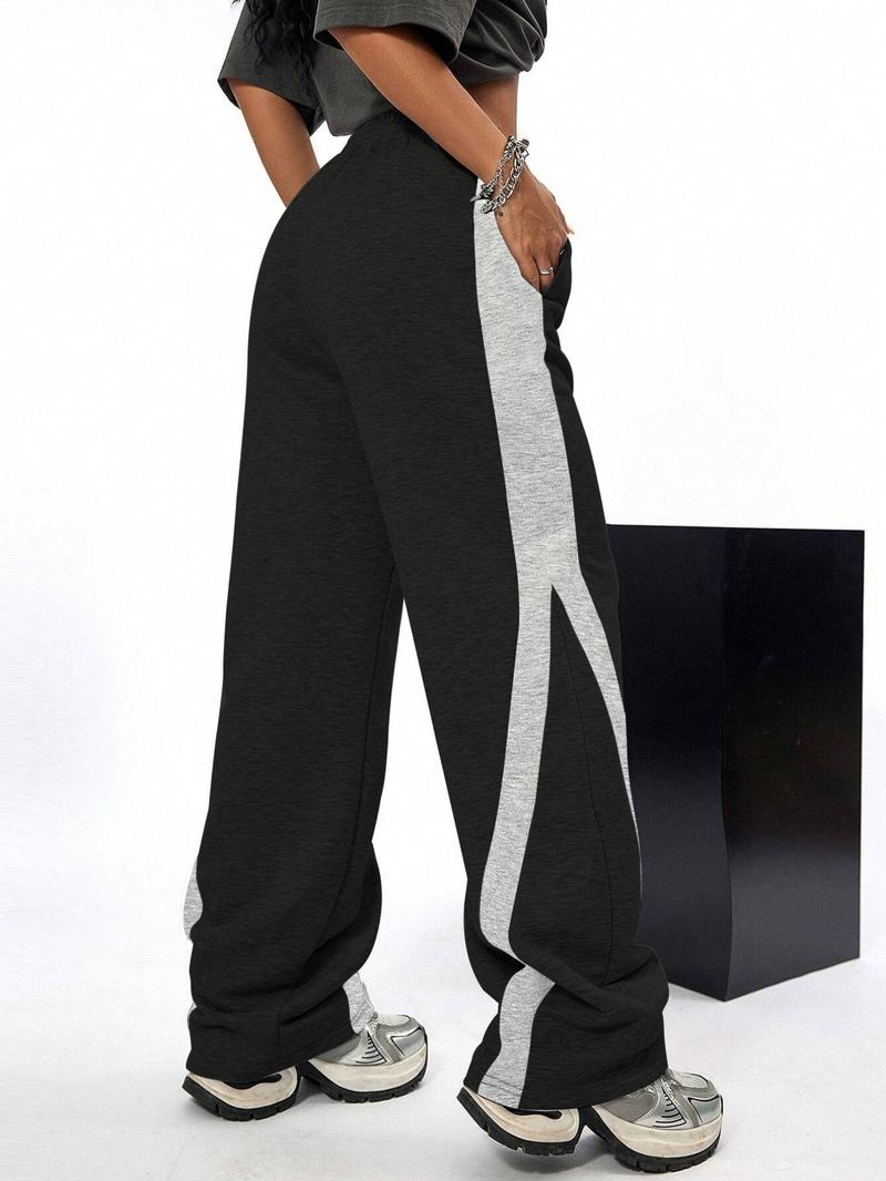 Women's Patchwork Side Stripe Drawstring Waist Sweatpants, Casual Elastic Waist Pocket Jogger Pants for Fall & Winter, Women's Trousers for Daily Wear, Baggy Pants