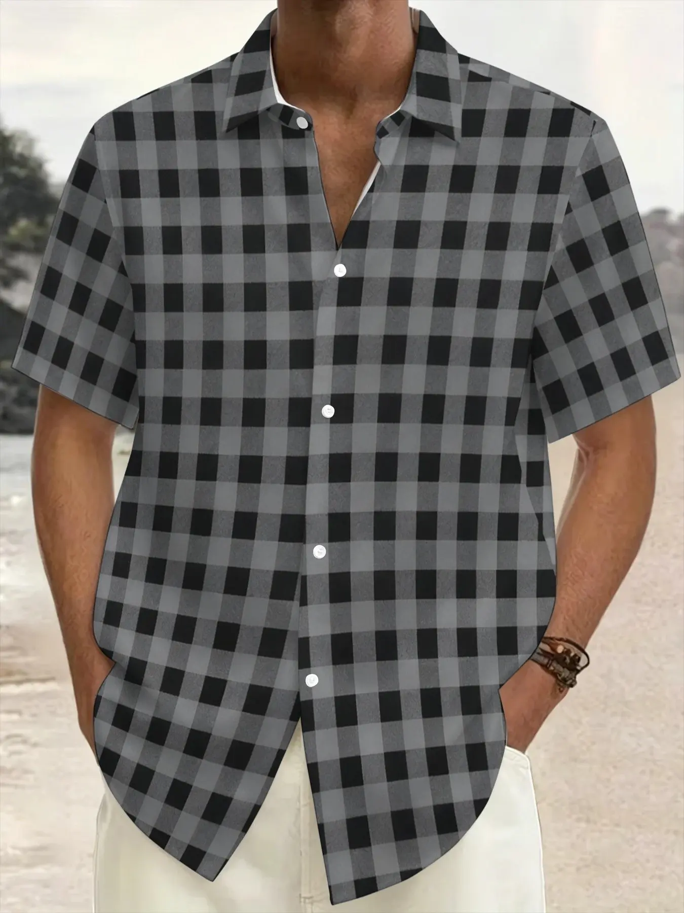 Men's Large Size Button Shirt, Classic Plaid Design, Professional Casual Wear, Slim-Fit Short Sleeve Top, All over Print Pattern