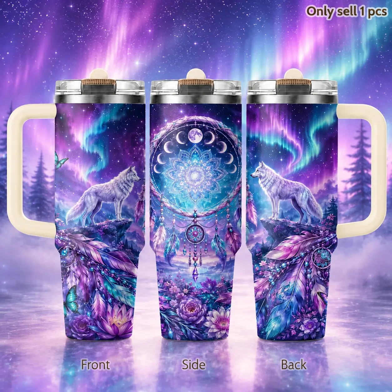Wolf Moon Dreamcatcher 40oz Tumbler – Mystical Boho Stainless Steel Insulated Travel Cup with Handle & Straw Lid for Coffee, Water, Smoothies, Office, Gym, Road Trips, Wolf Lover Gift