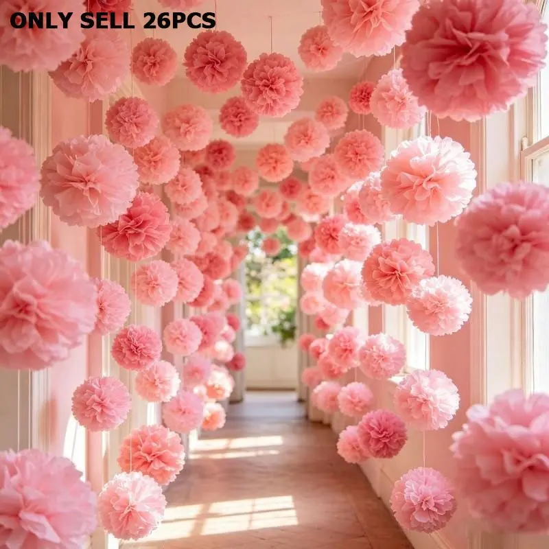 26pcs Gradient Blush Tissue Paper Pom Pom Decor Set, Multi Sizes Hanging Flower Balls, Foldable Ceiling Ornaments for Events, Party Decoration