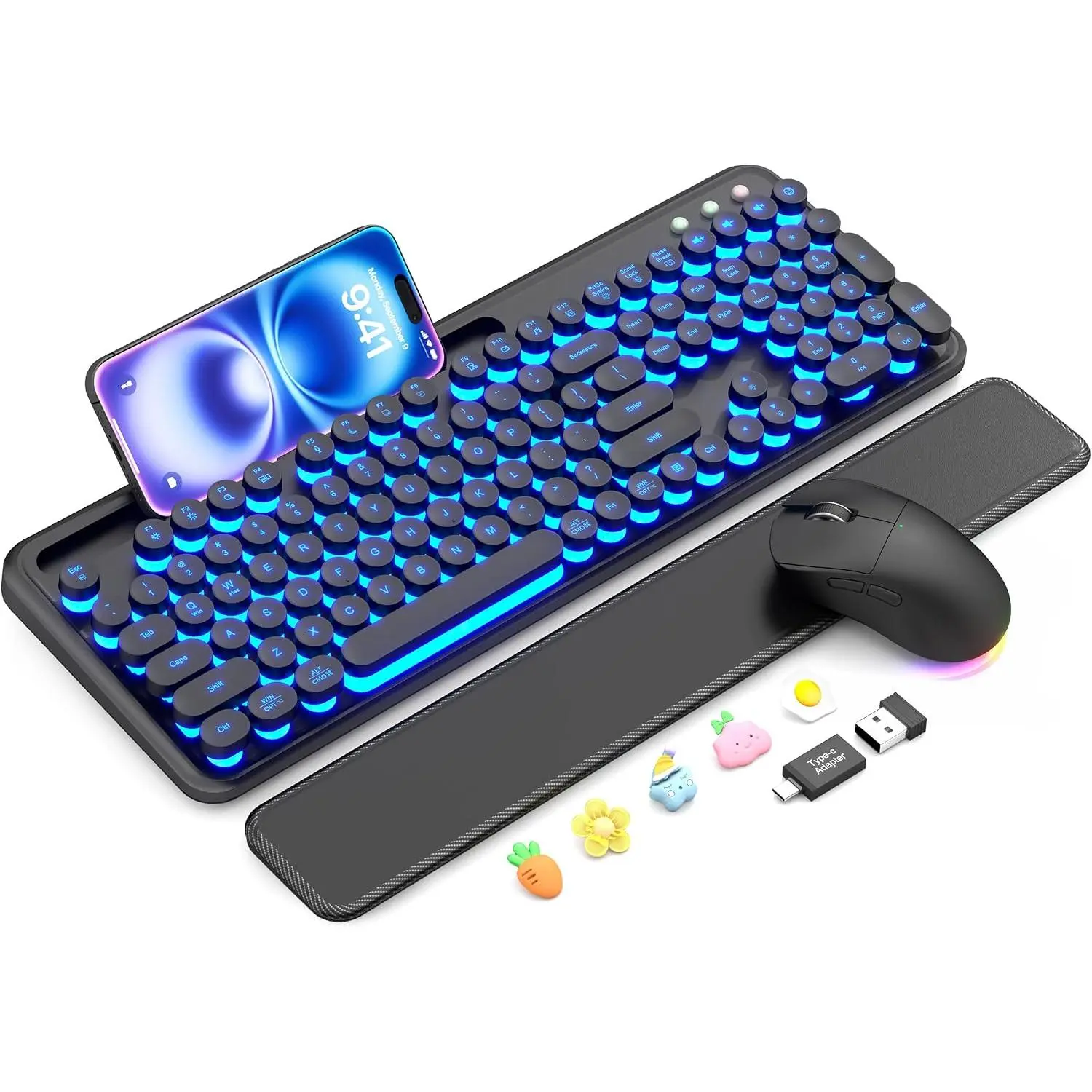 Keyboard and , Backlit Typewriter with  Wrist Rest | Phone Holder, Light Up Round Keycaps, Lighting , 2.4GHz Cordless Set for , Windows, PC, Laptop,