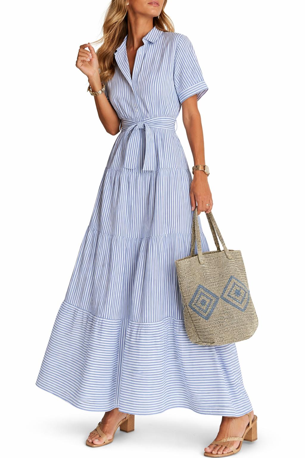 2026 Summer New French-style Dress Collar Striped Color Block Waist Tie Short Sleeve Long Dress Business Casual