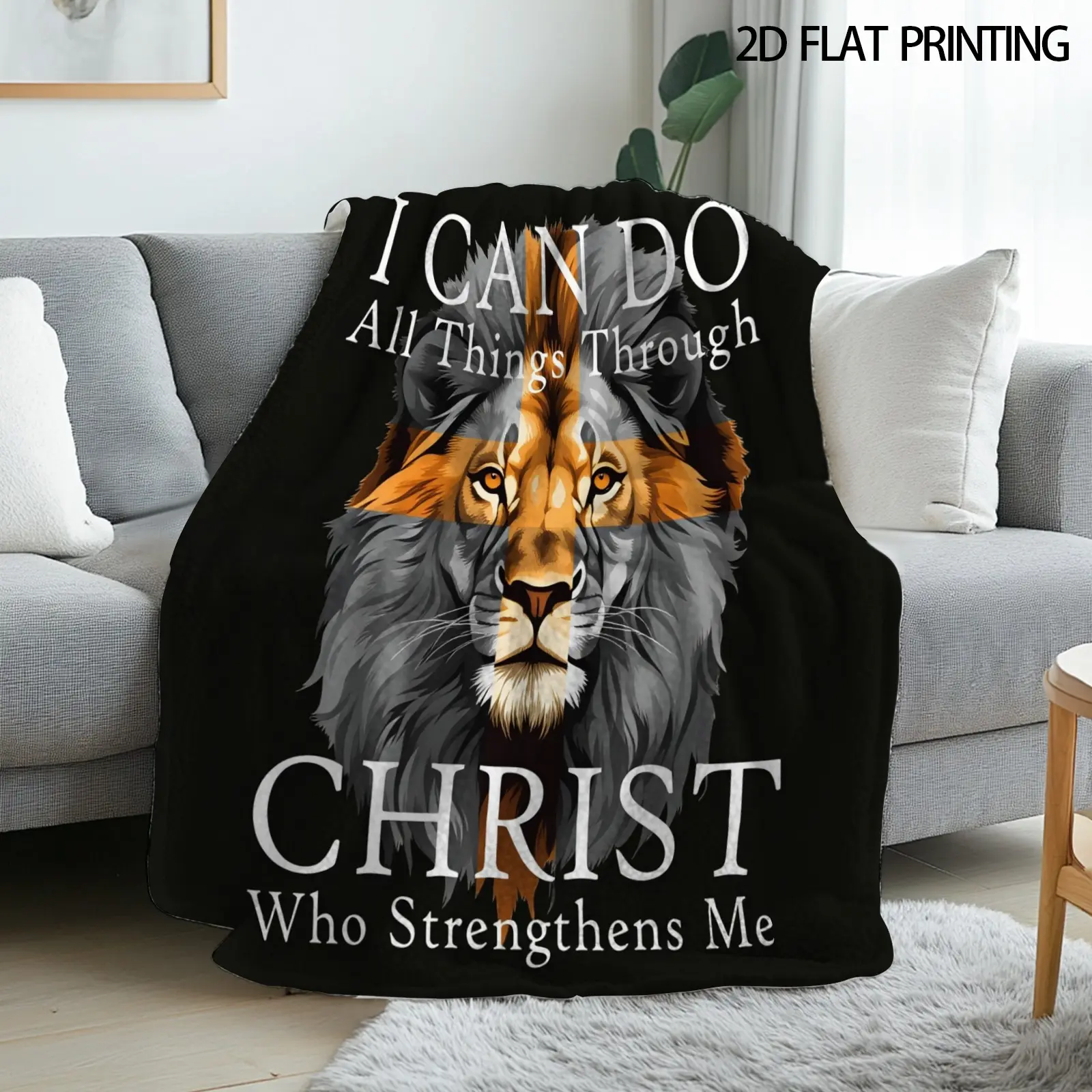 1pc Christian Lion & Faith Motif Cross Flannel Blanket - 280GSM Polyester, Soft Inspirational 1-Piece Blanket, Wrinkle Resistant, Durable, Fade Resistant, Machine Wash, All Seasons, Home/Travel Use, Valentine Gift, One-Piece