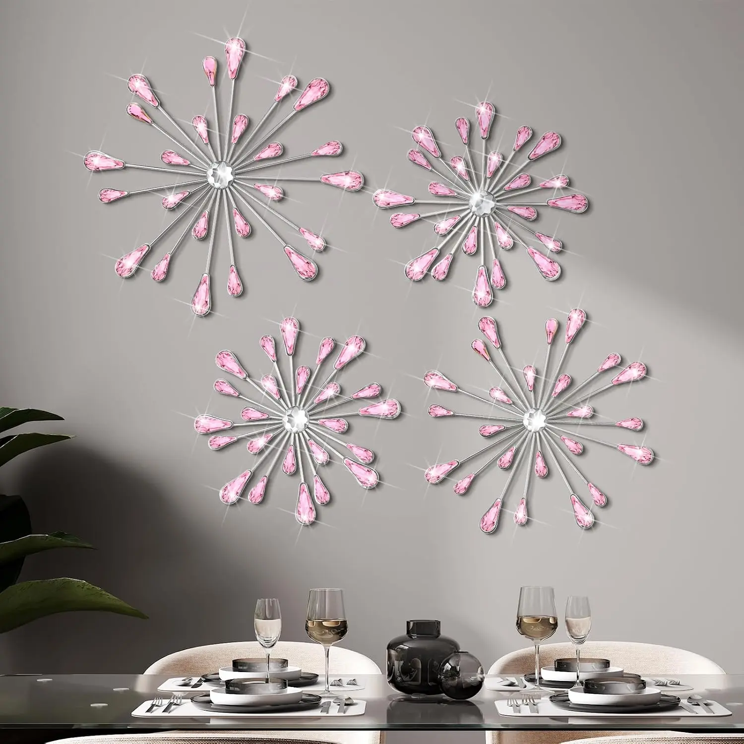 4 Pcs Starburst Wall Decor Bling Wall Art Crystal Teardrop 3D Hanging Rhinestone Radial Metal Artwork Modern Accent Sculptures Decorations for Living Room Home Office Bedroom(Pink)