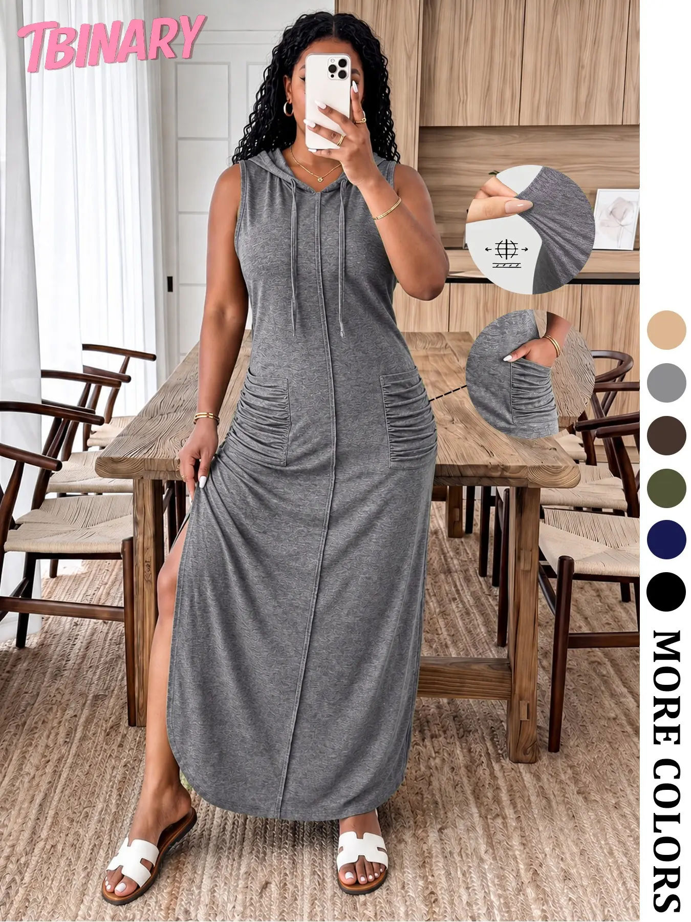 Women’s Fall New Arrivals Multicolor High Stretch Hoodie Maxi Dress, Soft Sleeveless Loose Fit Long Dress with Pockets, Comfy Chic Casual Outfit for Travel, Everyday Wear, Weekend Style & Airport Look, Fall to Summer, Womenswear