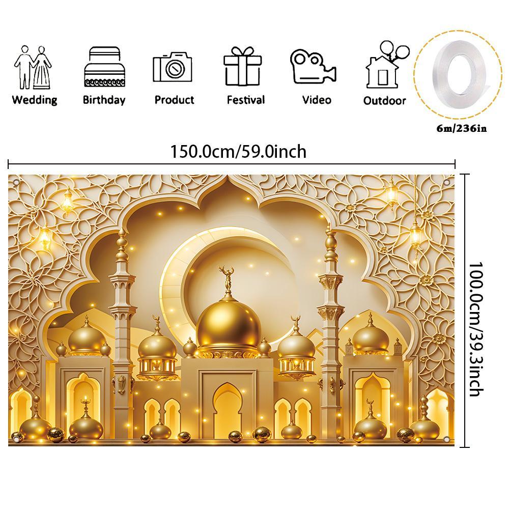 Ramadan Theme Backdrop, 1 Count Exquisite Mosque & Moon Pattern Backdrop, Decorative Banner for Home Party Wedding Festival
