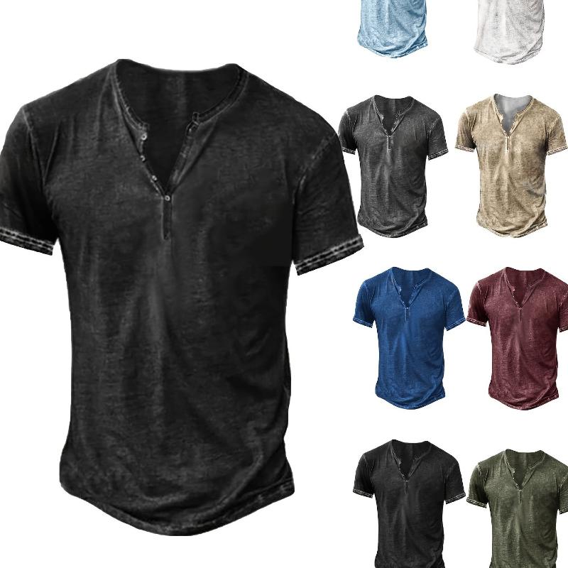 Men's Distressed Henley Shirt - Slim Fit Short Sleeve Button-Up Cotton T-Shirt with V-Neck & Placket Detailing, Machine Washable Casual Shirt in Olive Green, Black, Blue, Burgundy, Sporty Apparel| Athletic Style| Comfortable Tee