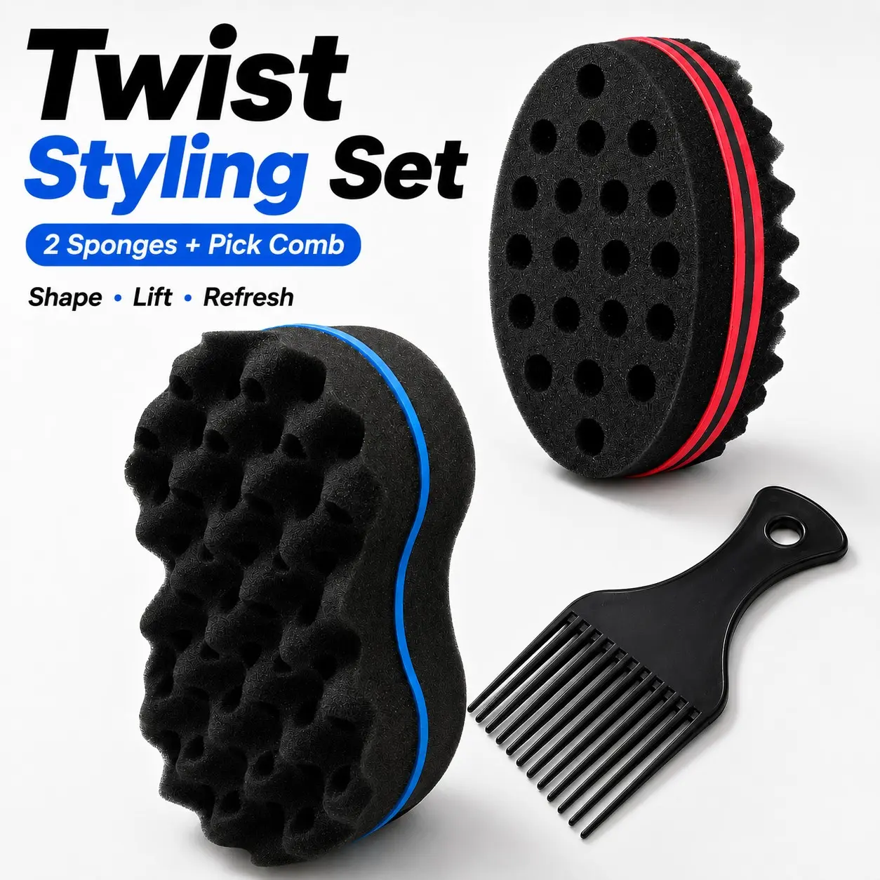 3pcs Curl Sponge & Afro Pick Comb Set, 2 Curling Hair Twist Sponges, Wide Tooth Pick for 4C Natural Hair, Coils, Twists, Afro Curls, Everyday Styling for Men