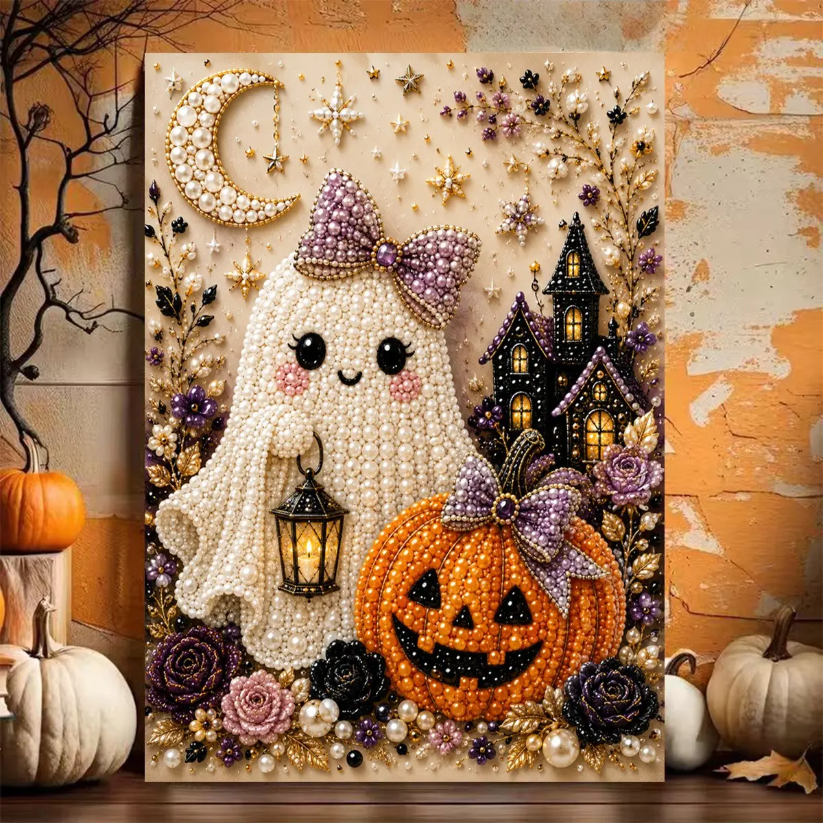 Halloween Ghost Pearl Art DIY Kit, Cute Lantern Ghost, 5D Diamond Painting Craft, Adult DIY Fall Home Decor Wall Art, wall decoration, Frameless