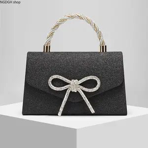 Sparkly Twisted Handle Evening Bag - Luxe Silver Gold Black Glitter Crossbody Clutch with Crystal Bow Accent, Soft Lightweight Versatile Look Perfect for Holiday Celebrations Red Carpet & Festive Gatherings