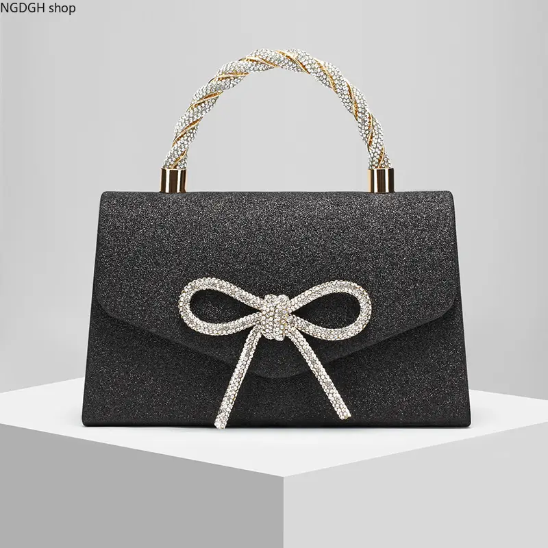 Women's Chic Sparkly Twisted Handle Compact Clutch - Luxe Silver, Gold, Black Glitter, Crystal Bow Accent, Soft Lightweight, Cross-Strap Crossbody Handbag for Holiday Celebrations, Evening Events