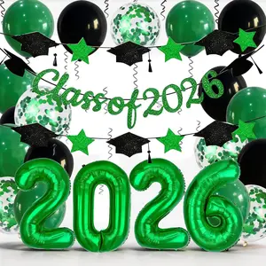 Graduation Balloons Class of 2026, 32 Inch Green 2026 Number Foil Balloons Star Cap Garland Banner Dark Green Black Confetti Balloons for Senior High School College Congrats Grad Party Decorations