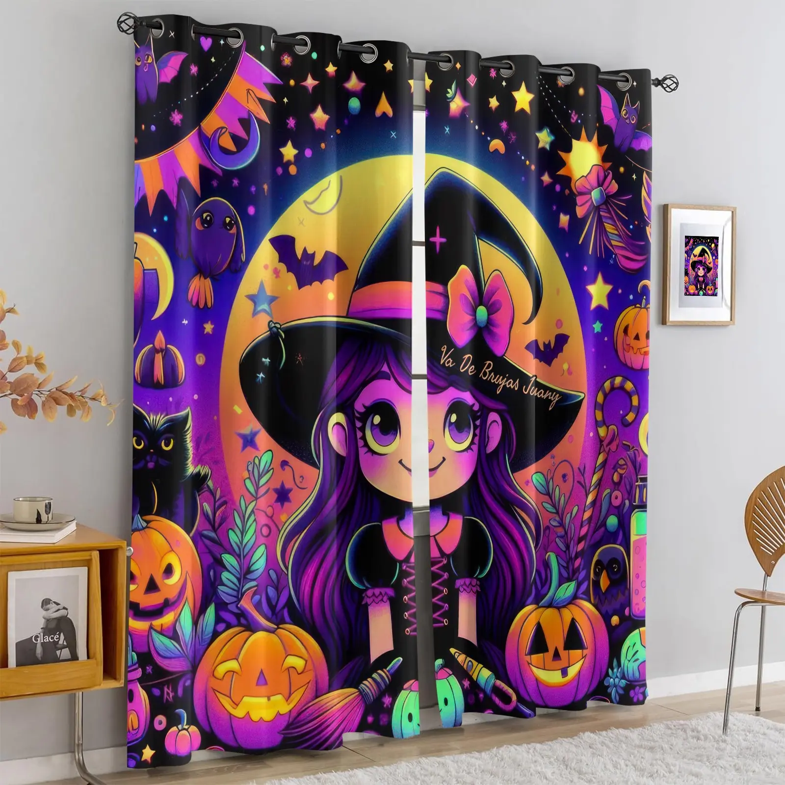 2pc Cute Cartoon Little Witch Blackout Curtain, Neon Purple Halloween Decor Window Curtain With Pumpkin Black Cat Owl Bat Thermal Insulation Curtain, Suitable For Kids Girls Halloween Bedroom Decor Curtain Panels,Soft And Durable Fabric ,Machine Washable