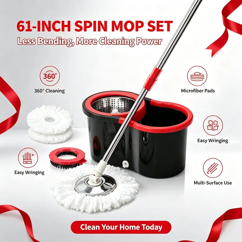 61 Inch Self Wringing Spin Mop Bucket System, Stainless Steel Handle Floor Mop with 2 Refill Heads for Hardwood Tile Kitchen Bathroom Cleaning
