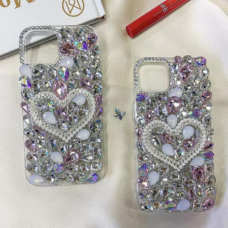 Luxury Full Rhinestone Phone Case, Handmade Bling Diamond Pearl Heart Protective Cover Compatible With Smartphones 14-17 Pro Max