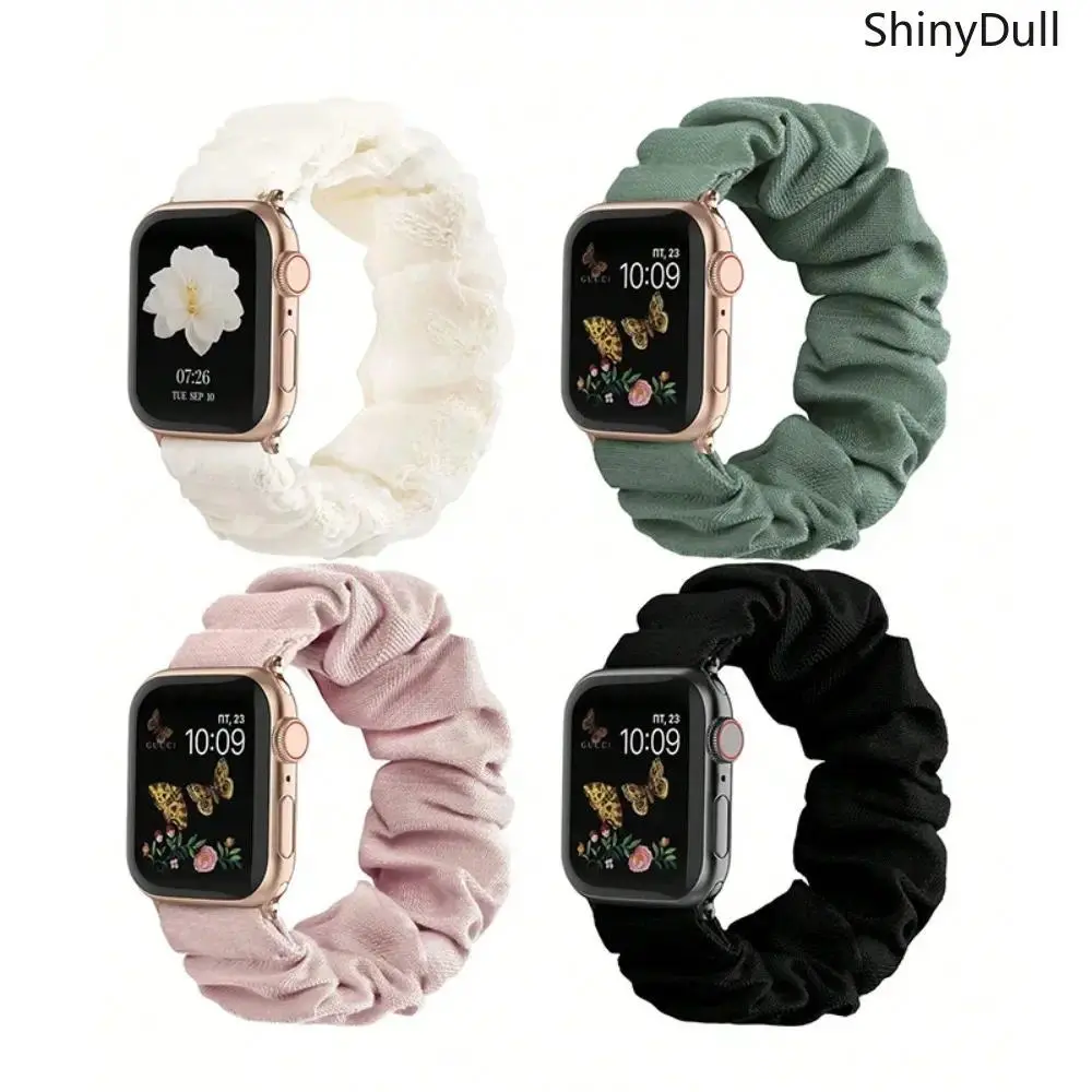Women's Scrunchie Watch Bands, 4-Piece Elastic Soft Nylon Set for 38-49mm Watches, Compatible with Series 1-8, SE & Ultra