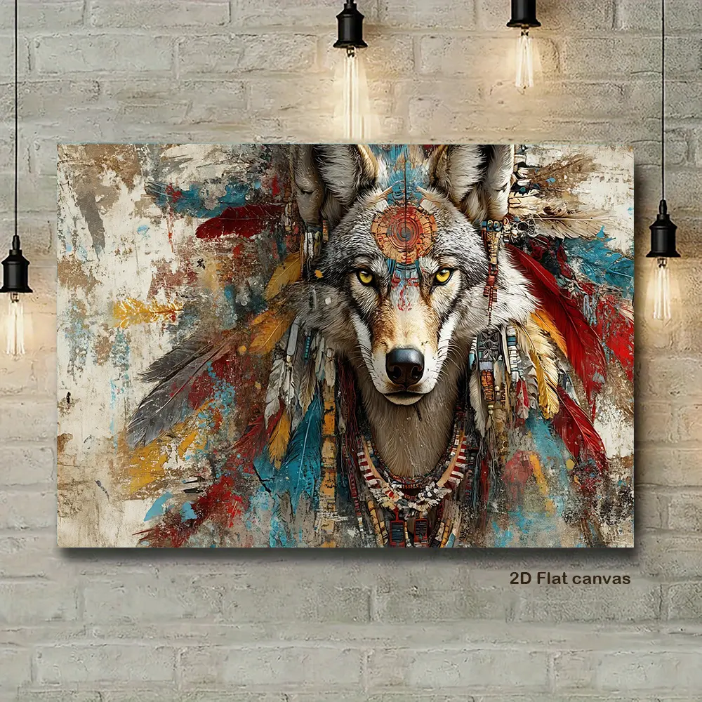 2D Flat, 1Pc Framed Native American Wolf Head Decorative Painting - Bohemian Southwestern Tribal Style Canvas with Wooden Frame, Wolf and Wolf Pack Totem suitable for country cottage decoration, ready-to-hang holiday centerpiece, home/office gift, perfect