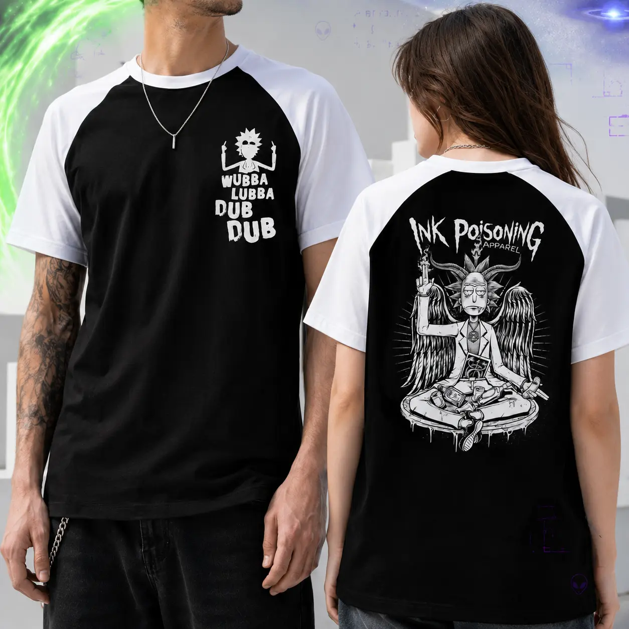 Rick and Morty Gothic Graphic T-Shirt, Black White Raglan Short Sleeve, Wubba Lubba Dub Dub Front Back Print, Dark Retro Baseball Streetwear Tee