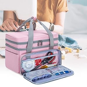 Layer Sewing Accessories Organizer with 2 Detachable Pouches, Large Sewing Bag for Sewing Tools (Bag ONLY), Pink