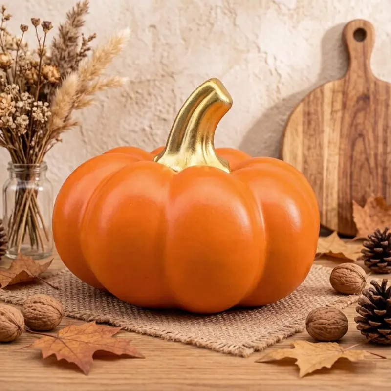 1Pc Autumn Pumpkin Figurine with Golden Stem Handcrafted Thanksgiving Table Centerpiece Wedding Gift Idea