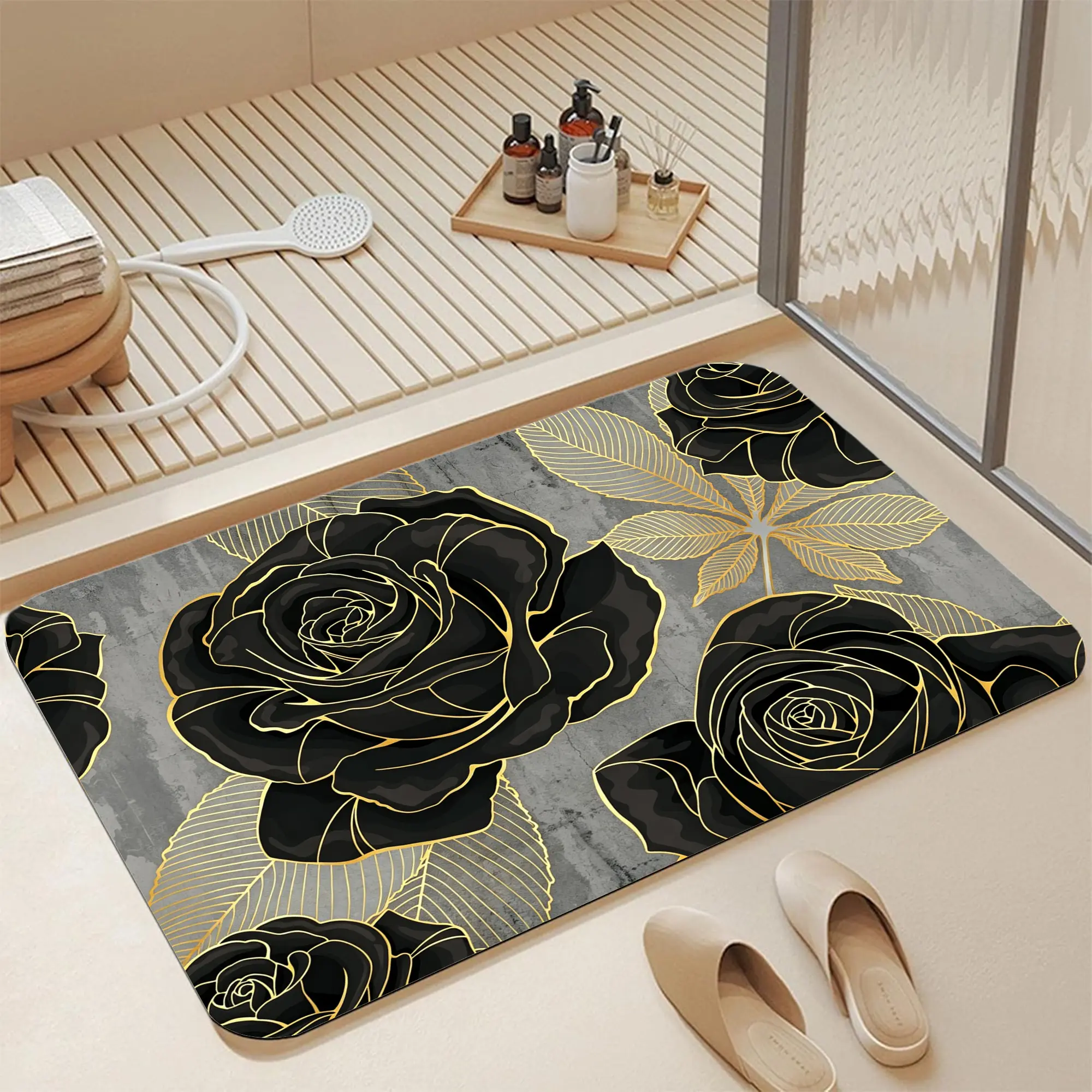 16*24" Luxury Gold Foil Black Rose Distressed Gray Concrete Diatomite Bath Mat |   Quick Dry Non Slip Gothic Glam Metallic Gold Leaf Floral Print Diatomaceous Earth Bath Mat Fast Water Absorbent Dark Romantic Luxury Flower Shower Rug gold outline black ro